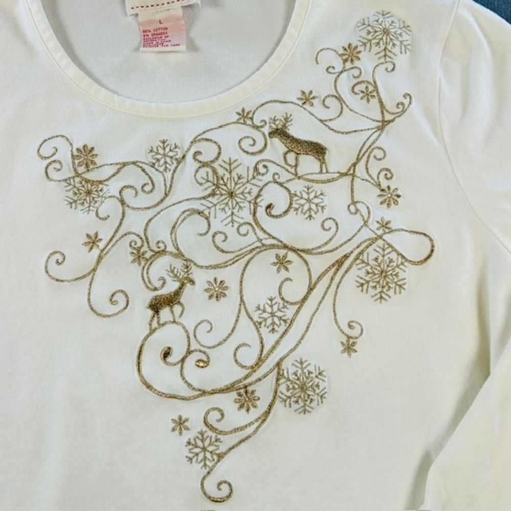 Toffee Apple Women's Cream White Gold Embroidered Christmas Reindeer Shirt LG